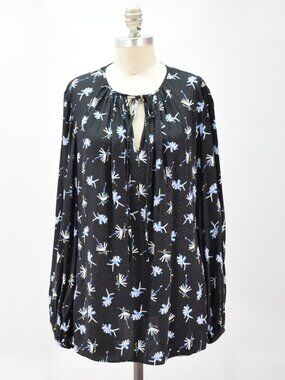 Diane von Furstenberg Black & Blue Floral Print Peasant Blouse
